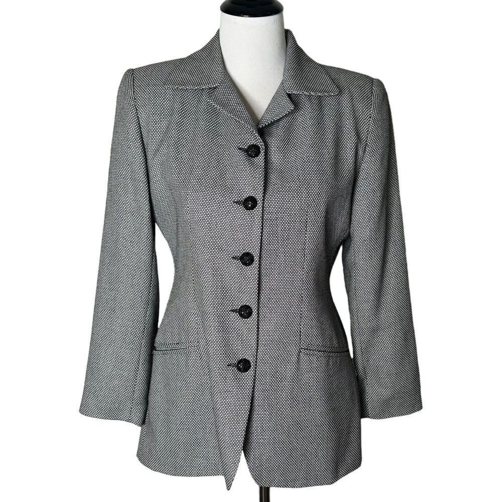 Vintage 90s Hourglass Blazer Suit Jacket Womens 6 Black Micro Check Office
